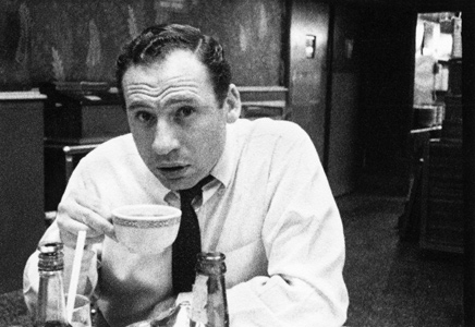 Mel Brooks drinking coffee. The photo was taken by Carl Reiner while the two were writers for Your Show of Shows. 1950-54.